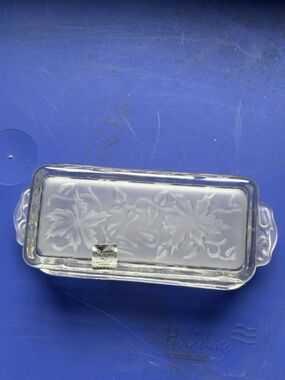 Clear Pressed Glass Butter Dish with Floral Pattern